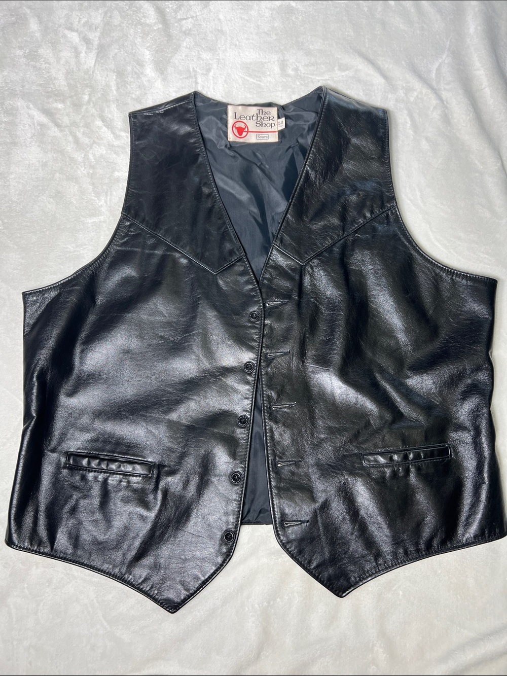 Vintage Sears The Leather Shop Black Leather Vest Men Size 50 Tall